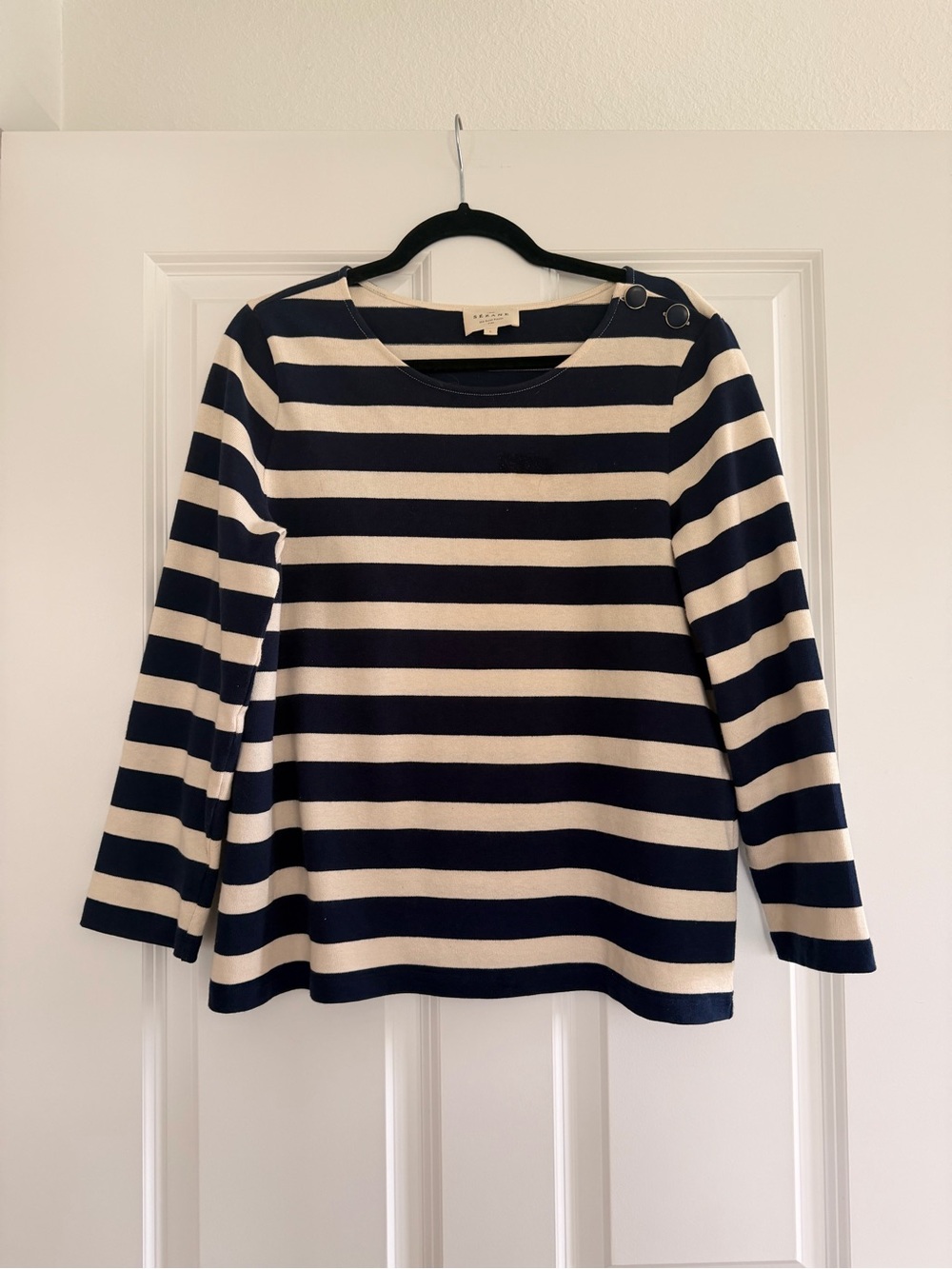 Sezane Navy & Cream Striped Boatneck Long Sleeve Top